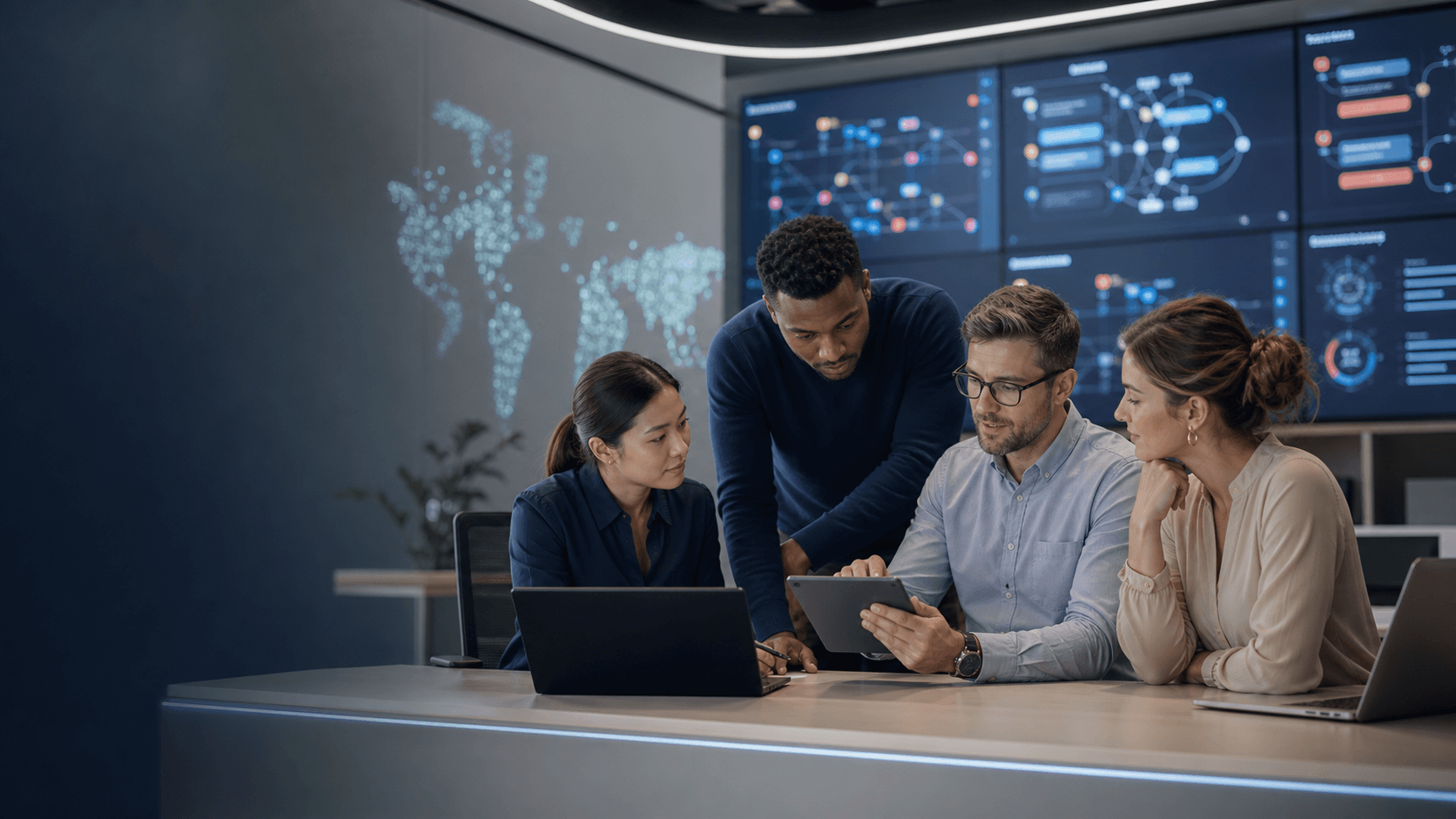 An international customer-engagement team reviewing connected conversation workflows